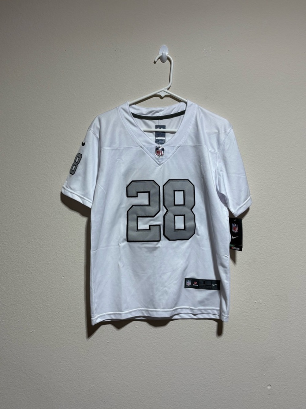 Nike White Men's NFL #28 Replica Jersey with Gray Numbers